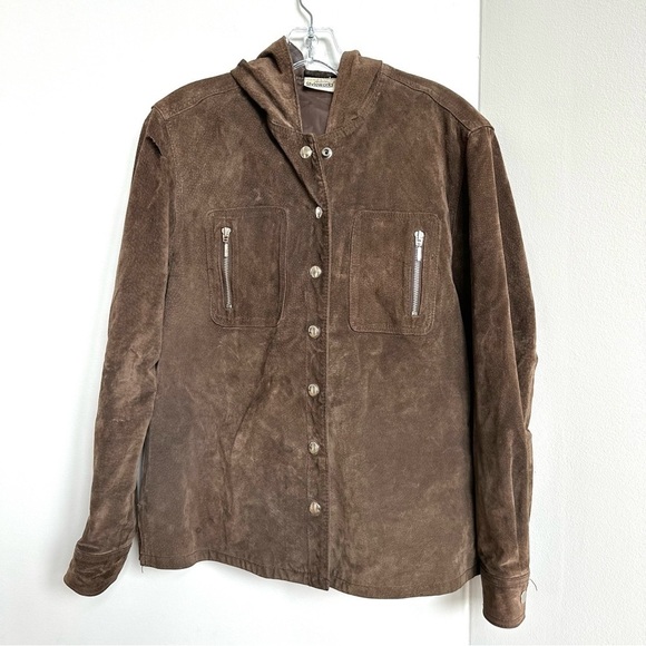Vintage Jackets & Blazers - Vintage Leather Jacket Hooded Snap Front Brown Zipper Pockets Newport News